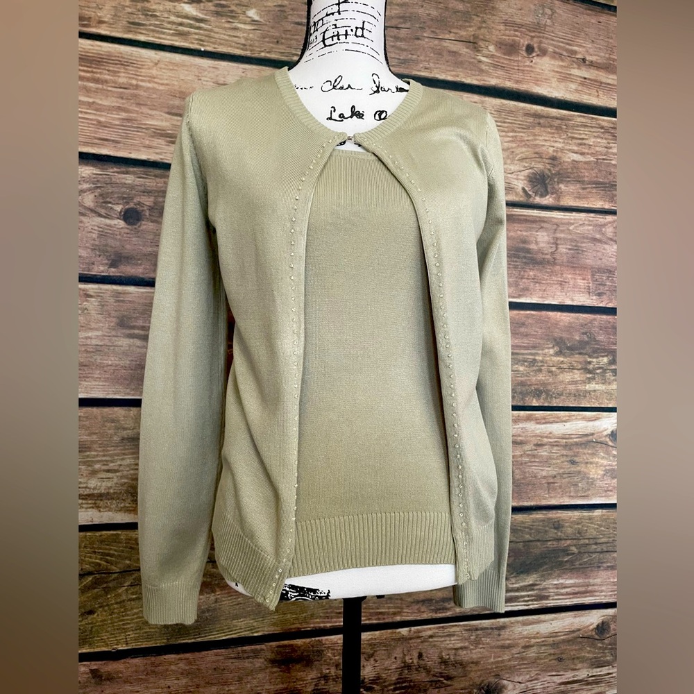 Like New Set: La Boutique Knit Beaded Cardigan & Cami with Beaded Accents